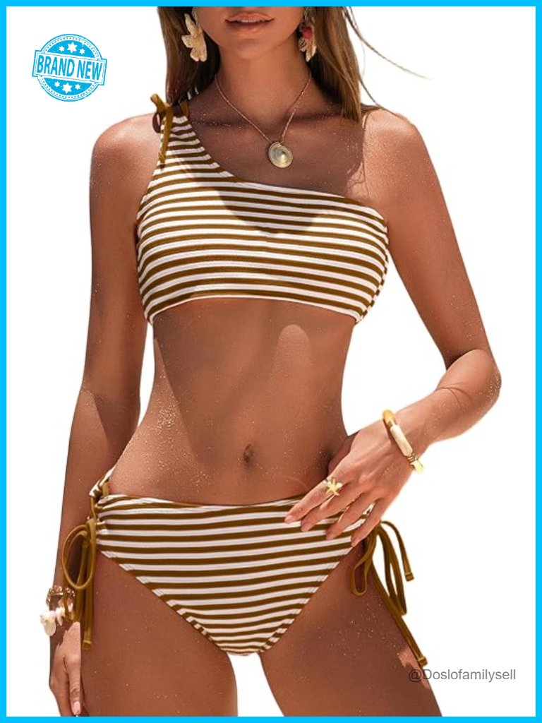 One Shoulder Bikini Set Double Straps Tummy Control High Waisted Tie Side